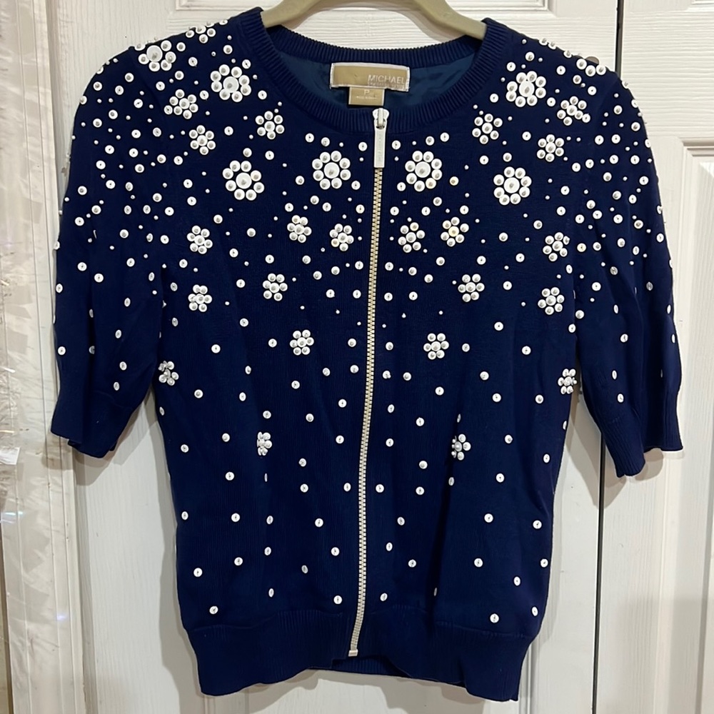 NWOT Michael Kors Embellished Sapphire Zip Up Short Sleeve Cardigan Sweater Sz P